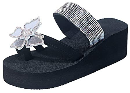 Generico Donna Platform con Zeppa Pantofole Bambina Pantofole con Strass con Strass con Fiocco e Tacco da Donna Casual, Scarpe da Spiaggia Bohémien Donna Platform Flip Flop Donna Rosa (Silver, 38)
