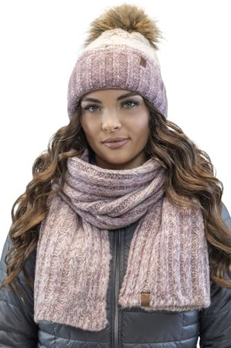 VIVISENCE Winterset Für Damen Mütze Mit Bommel Und Passendem Schal Hergestellt Aus Warmem Garn Antistatisches Fleecefutter Ideal Für Kalte Wintertage, Pink,Einheitsgröße