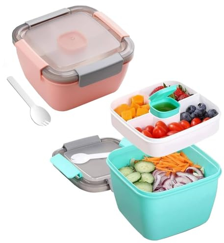 Gttyowyin Salat Lunchbox mit Fächern, Kunststoff Brotdose mit Fächern, Deckel, Tablett, Dressingbehälter Für Salat, Toppings, Soßen, Obst & Snacks Salatbox To Go in Rosa & Grün (2 Pack)