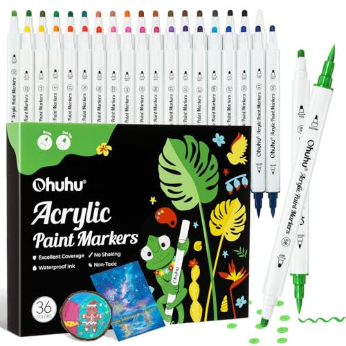 Ohuhu Acrylic Paint Pens, 36 Colours Dual Tips(Brush & Dot) Paint Pens Waterproof Lightfast High Opacity Acrylic Markers for Rock Painting Easter Eggs Wood Glass Ceramic Canvas