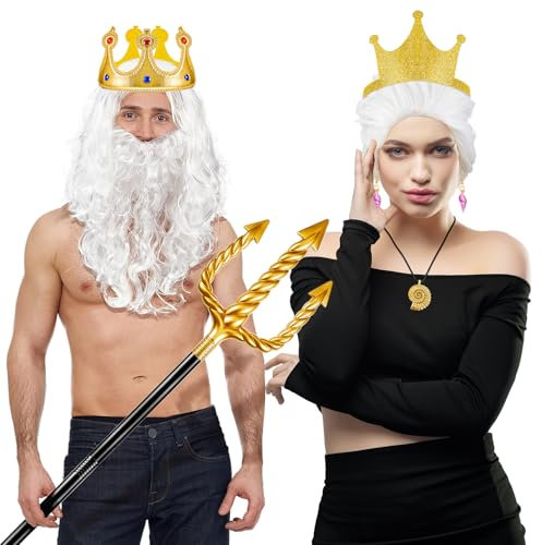 Hestya 8 Stück Halloween König Neptun Kostüm Accessoires Unterwasserwelt Hexe Oktopus Cosplay Zubehör für Paar mit Muschelkette Weiße Perücke und Bart Set Goldener Dreizack und Königskrone Karneval