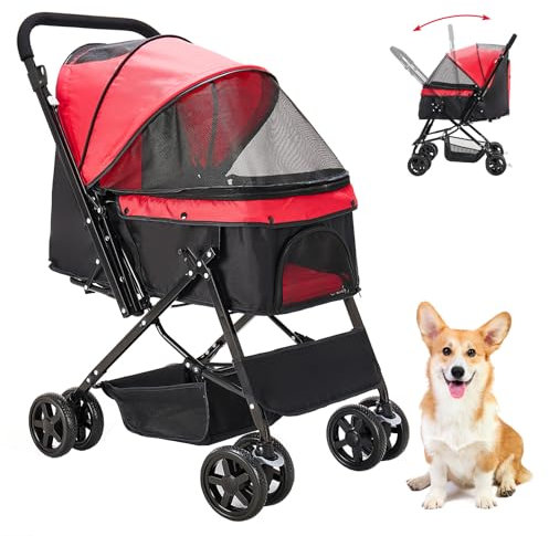 Joyfultails Hundewagen Hundebuggy bis 20kg, Klappbarer Hund Reise Kinderwagen mit 4 Wheels Pet Stroller mit verstellbarem Griff & Regenschutzabdeckung, Rot