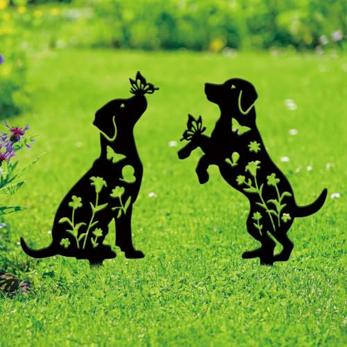 SUPERDANT 2Pcs Chiots Decoration Jardin Exterieur en Métal Jouant avec des Chiens Silhouette Noire Decoration en Métal Décoration Fer Forgé pour Jardin 17x30cm