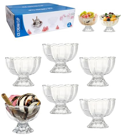 Cartlant Glass Dessert Bowls Set of 6, 150ml Ice Cream Sundae Glasses Kids Clear Trifle Serving Cups, Small Vintage Prawn Cocktail Dishes for Salad Yogurt Pudding Fruit Mousse Cheesecake Baking