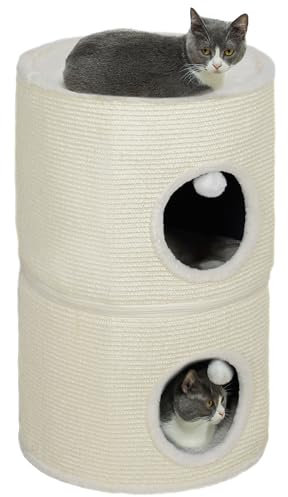 PawHut Kratztonne, 69 cm Hoch Katzentonne Teilbare Kratzbaum mit 2 Höhle, Spielball, Katzenturm, Katzenturm für Katzen bis 5 kg, Cremeweiß