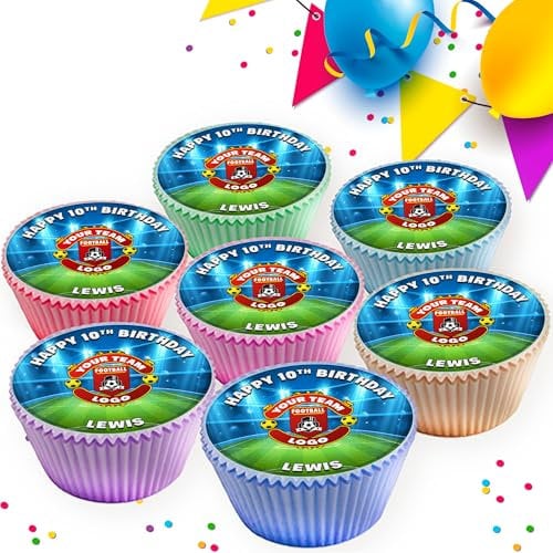 24 x YOUR FOOTBALL CLUB LOGO BIRTHDAY PERSONALISED EDIBLE ICING 4.5 cms CUPCAKE TOPPERS DECORATIONS FB009