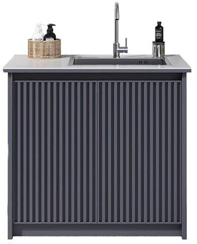 ZKBDBWTR Spülbeckenschrank für den Außenbereich – Waschtisch mit Unterschrank inkl. Streifendesign, Küchentisch inkl. Edelstahlspüle & Großem Stauraum(Gray)