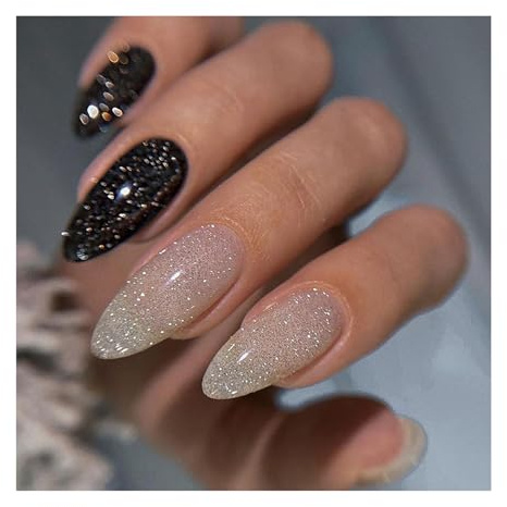 faux ongles French à Coller Manucure Court Amande 24pcs Femmes et Filles 3D Noir et blanc Flash piece press on nails Naturel Plein Couverture Nail Art Autocollants Collision de bicolore
