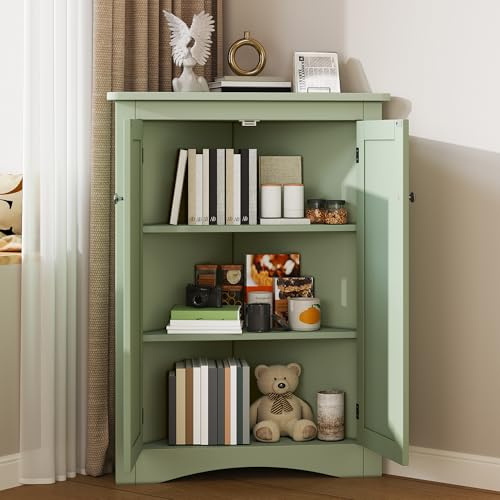 61,5 x 90 cm Eck-Schrank für Badezimmer – Freistehender 2-türiger Dreiecks-Schrank mit 3 Ebenen, hochwertige MDF-Platte mit lackierter Oberfläche, platzsparend für Bad, Küche, Wohnzimmer (Grün)