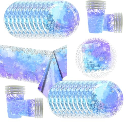 QiLumier Frozen Stoviglie per feste, 61 pezzi Fiocchi di neve Stoviglie per compleanni per bambini, Tema neve e ghiaccio Set di piatti di carta per feste, Compresi bicchieri, tovaglioli e tovaglie
