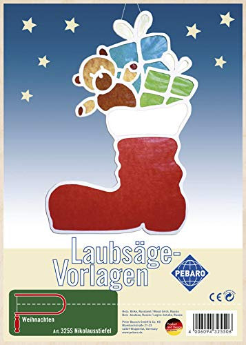 Pebaro 325S Laubsägevorlage Nikolausstiefel, 3mm Sperrholz DIN A 4, Motiv vorgedruckt, aussägen mit Laubsägebogen, basteln, anmalen, fertig, Laubsägen, Basteln mit Holz, Geschenkidee, Weihnachtsdeko