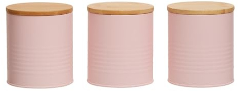 Premier Housewares Durable Set Of Three Alton Pink Canisters | Practical Design Tea Coffee Sugar Canisters For Kitchen | Bamboo Lid Coffee Canisters | Stylish Set Of Canisters