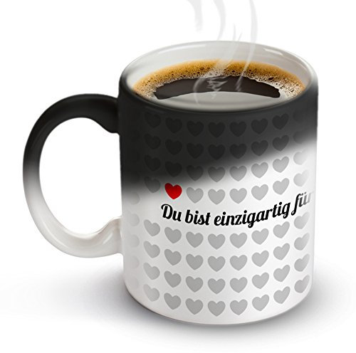 Casa Vivente Tasse mit Thermoeffekt, Kaffeetasse mit Farbwechsel, Motiv 1000 Herzen, Geschenkidee zum Valentinstag und Geburtstag, Geschenk für Frauen und Männer, 300 milliliters