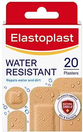 Elastoplast Water Resistant Plastic Plasters (20 Pieces), Dirt and Water-Resistant, Waterproof, Ideal for First Aid, Strong Adhesion with Non-Stick Wound Pad, Breathable Material, Tan