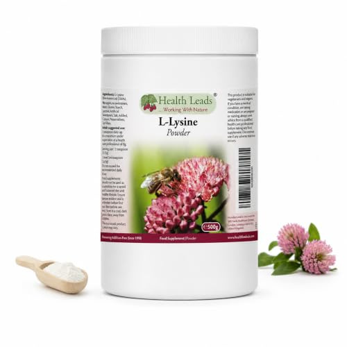L-Lysine Powder 500g | 1,180mg Daily | Pharmaceutical Grade | Health Leads | Essential amino acid, ½ teaspoon provides 1,180mg. Pure powder, no fillers. Supports collagen formation.