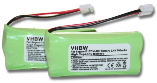 vhbw 2X Akku kompatibel mit Sagem D16T | D16T Duo, D21T, D21V, D16T Duo 2, D18T schnurlos Festnetz Telefon (700 mAh, 2,4 V, NiMH)