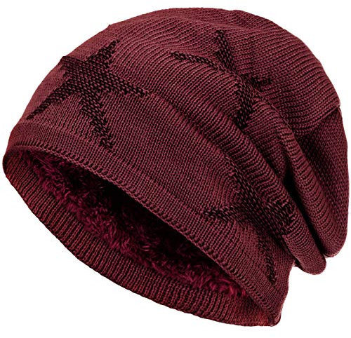 Compagno warm gefütterte Beanie Wintermütze Sternen Strickmuster mit weichem Fleece-Futter Mütze, Farbe:Dunkelrot Schwarz