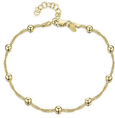 Amberta 925 Sterlingsilber Vergoldet 18K Fußspange – 1,4 mm Singapurkette mit Kügelchen (4 mm) Fußkettchen Armband – 22 bis 25,5 cm – Flexibel Verstellbar