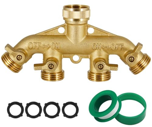 Triumpeek 4-Wege-Messing-Schlauchverteiler, robuster 4-Wege-Gartenschlauchverbinder 3/4 Zoll, massiver 4-Wege-Schlauchadapter
