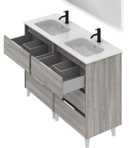 AMIZUVA Suki Mueble de baño, Acabado en Gris Arenado, con 6 cajones y Anchura de 120 cms; Incluye Lavabo cerámico