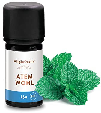 AllgäuQuelle – BIO Duftöl-Mischung Atemwohl. 100% ätherische Öle aus Eukalyptus, Salbei, Minze, Cajeput (kbA) | vegane und naturreine Duftmischung für Aroma-Diffusor/Duftlampe, 5 ml