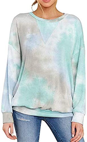 Yming Frauen Langarm Tie Dye Sweatshirt V-Ausschnitt Tops Beiläufig Frizeit Bluse Grün XXL