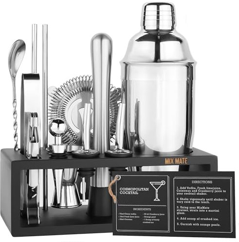 Mixology - Kit da barista con supporto, 15 pezzi, set da bar argentato, shaker per cocktail per miscelare bevande, include shaker Martini, misurino, colino, cucchiaio, pinze, apribottiglie, idea