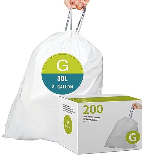 Code G (200 Count) 8 Gallon/30 Liter Heavy Duty Drawstring Plastic Trash Bags Compatible with simplehuman Code G | White Drawstring Garbage Liners 8 Gallon | 30 Liter