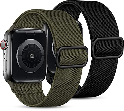 JUVEL Pack 2 Strap Compatible with Apple Watch Straps 45mm 44mm 41mm 40mm 38mm 42mm 49mm, Nylon Sport Elastic Replacement Solo Loop for iWatch SE Ultra Series 8 7 6 5 4 3 2 1, Black/Green