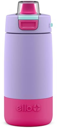 Ello Kids Colby - Botella de agua aislada de acero inoxidable de 12 onzas con pajita y posavasos de silicona integrados, color rosa
