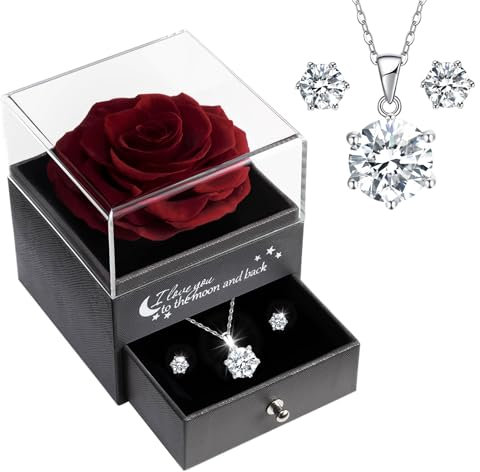 Sunia Ewige Rose mit Kette und Ohrringe aus 925 Sterlingsilber,Ewige Rose Geschenke für Frauen,Muttertagsgeschenke für Mama Oma,Halskette Frauen,Geschenk Muttertag Geburtstag Valentinstag Jubiläum