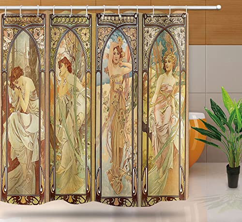 NTETSN YLYYNT2418 (7272) Jugendstil-Duschvorhang, ästhetische Kunstzeiten des Tages, Nachtruhe, Nacht, Tagesanbruch, Morgenerwachen, Stoff-Duschvorhänge mit Haken