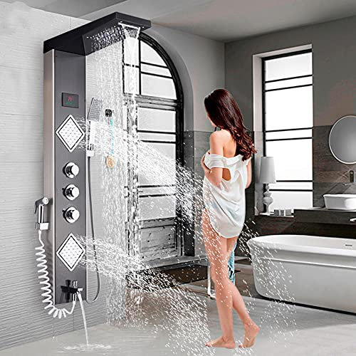 Wieoc Robinet de douche de salle de bain Panneau de douche LED Colonne Mitigeur de baignoire avec écran de température de douche à main-le noir
