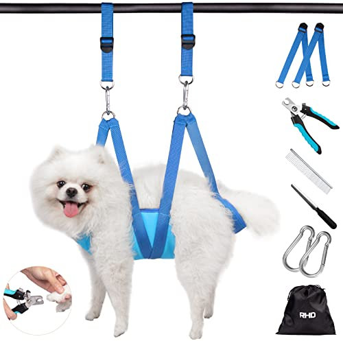 RHD Dog Grooming Hammock Harness for Small Dogs and Cats, 7 in 1 Pet Grooming Supplies Kit with Nail Clippers, Nail File, Pet Comb, Blue, S (Leg Spacing: 7''-12'' / Max W: 33lb)