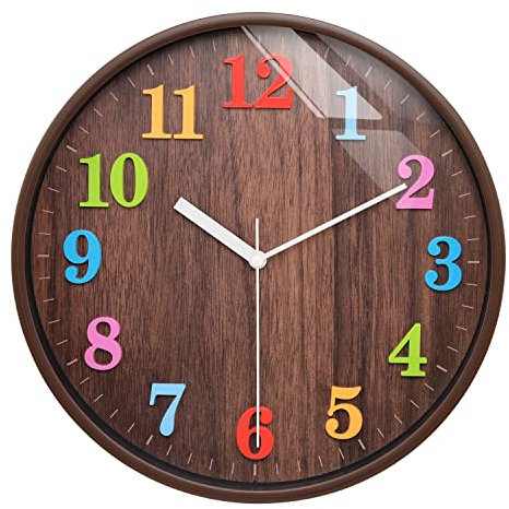 Topkey 12 Zoll leise runde Wanduhr für Kinder, Nicht tickend, Bunte arabische Ziffern, leicht ablesbare Uhr für Wohnzimmer, Schlafzimmer, Schule und Kinderzimmer - Dunkelbraun