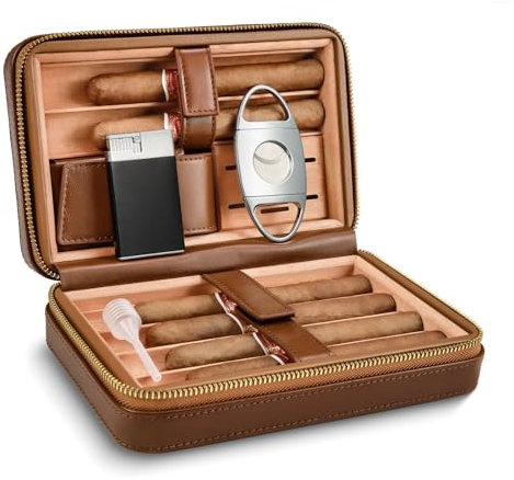 LEACHOI Humidor de Viaje para Puros de Cuero portátil de 6 Dedos de Madera de Cedro, Caja de Puros Artesanal con Encendedor y Cortador, Juego de Accesorios para Puros, Juego de Regalo para Puro