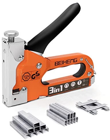 Heavy Duty Staple Gun, BeiHeng 3 in 1 Upholstery Staple Nail Steel Gun with 1200 Staples, Manual Brad Nailer Power Adjustment Stapler Gun for Wood, Crafts, Carpentry, Decoration DIY