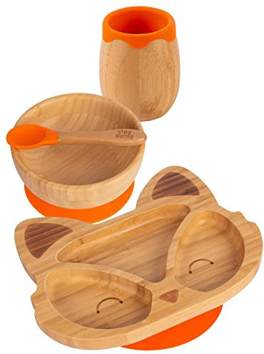 4pc Naranja Zorro Bambú Succión Bebé Juego de Alimentación - Niño Pequeño Destete Silicona Quedarse Quieto Alimento Cuenco Plato Cuchara Taza Kit de Inicio Completo - Por Tiny Dining