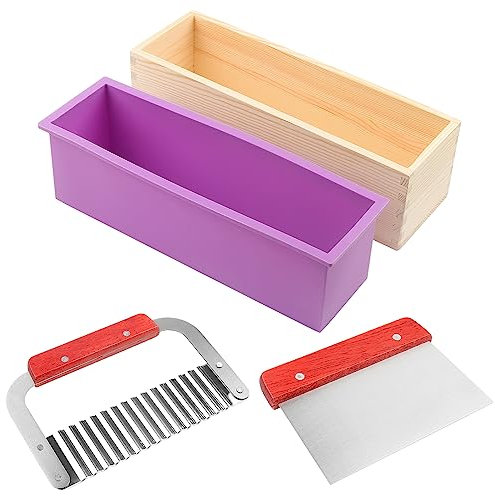 ZOENHOU Lot de 3 moules à savon en silicone de 1,2 l avec boîte en bois, moule à pain rectangulaire avec coupe-savon ondulé et droit en acier inoxydable