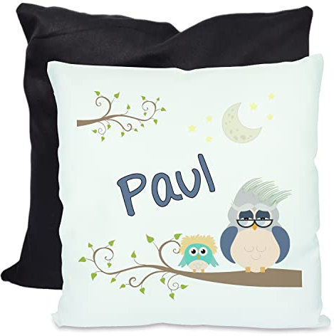 CreaDesign, Kinder Kissen 40x40 cm personalisiert mit Namen, Kinderzimmer Deko Kissen Kinder mit Füllung Federn, Motiv Eule, Rückenfarbe Schwarz
