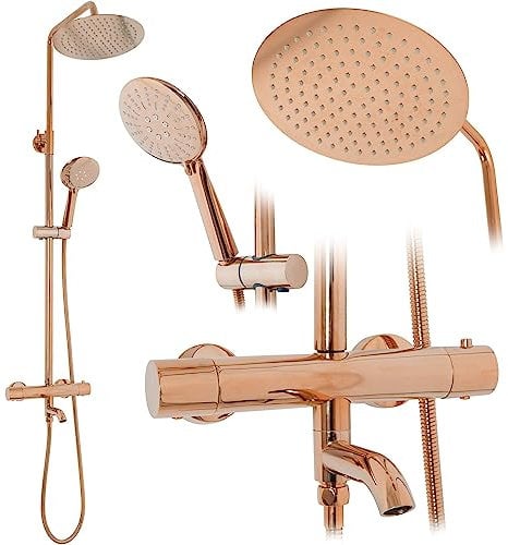 Rea Columna de ducha con termostato Lungo Sistema de ducha de latón dorado rosa para baño (oro rosa)