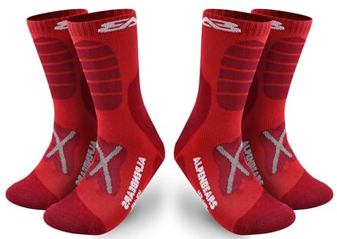 Premium Wandersocken aus Merino Wolle - [2 Paar] - Profi Trekkingsocken zum Wandern - Outdoor Socken für Damen, Herren & Kinder - Warme Merino Wandersocken - Funktionssocken - (Rot, 43-48)
