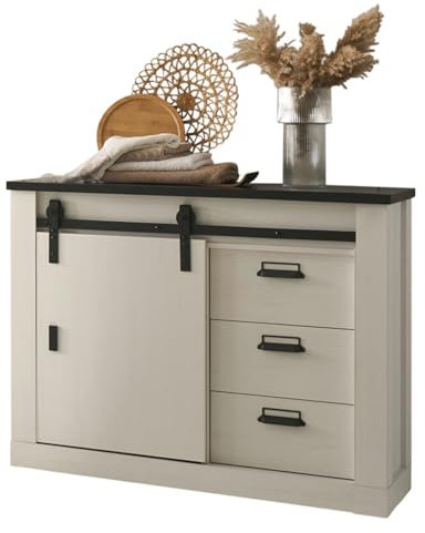 Kommode in weiß Pinie und schwarz/anthrazit Sideboard Schlafzimmer Schrank Schubkastenkommode Landhaus/Industrial Design 93 x 91 cm Stove (Kommode)