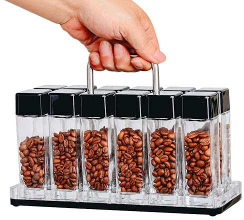 Normcore 12 Tubes Single Dose Espresso Bean Cellars, Coffee Beans Storage Tube Vial Vault with One-Way Exhaust Valve, 12 Pcs Glass Coffee Bean Capsules With Display Stand And Funnel