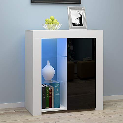 Panana Sideboard mit LED Beleuchtung Hochglanz Wohnzimmer, LED Kommode (12 Farben können eingestellt Werden), Wohnzimmermöbel Wohnzimmerschrank Standschrank B75xH83xT35cm (Weiß+Schwarz)