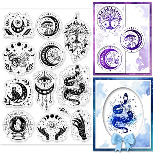GLOBLELAND Witchcraft Transparente Stempel Für Kartenherstellung Magische Mondphase Kristallschmetterlinge Silikonstempel Siegel Klare Stamps Für DIY Scrapbooking Fotoalbum