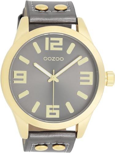 Oozoo - Timepieces Damen Uhr metallic Dark Grey | Armbanduhr Damen mit Lederarmband | Moderne Uhr für Frauen - Edle Analog Damenuhr in rund C1084 (46mm)