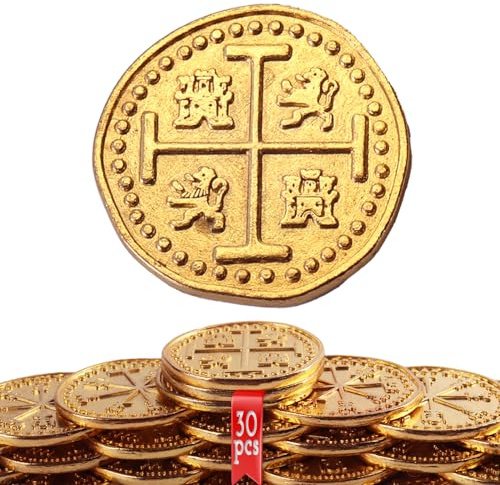 Pièces de Pirate en métal, 30 pièces de trésor d’Or, réplique en métal Doubloons espagnols, jetons de Faux pièces de trésor de Pirate, Imitation réaliste d’Argent pour Les Jouets de Cosplay