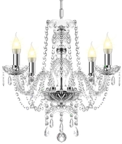 Ridgeyard Moderna salón araña de cristal, araña de techo de 4 luces E14 de transparente cristal K5 con cadena ajustable para dormitorio, salón, comedor, hotel