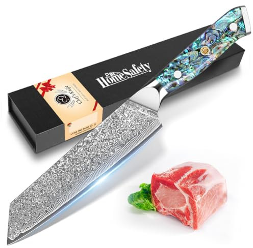 Home Safety Damascus Knife, Kiritsuke Knife with 19 cm Chefs Knifes Made of 67 Layers of VG-10 Damascus Steel Damascus Kitchen Knifes, Ergonomic Abalone Shell Handle, Gift Box